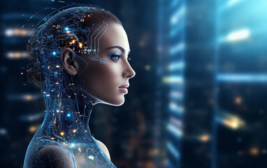 Futuristic cybernetic city background, portrait of a person