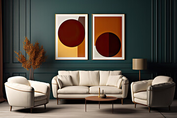 Mid-Century Modern Living Lounge Chairs and Sofa in Stylish Home Interior with Artful Teal Paneling Wall. created with Generative AI
