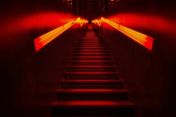 dark red stairs with neon lights going up and down a stairwell