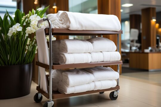 Hotel maid trolley, trolley with clean white towels. Room cleaning concept.