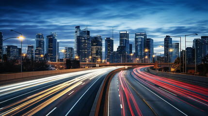 A bustling city road with streaking lights, captured in a dynamic motion blur.