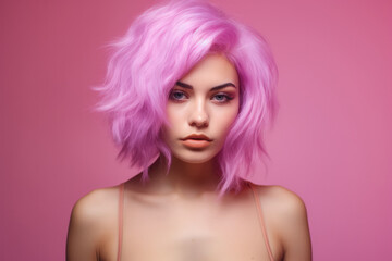 Young pink haired woman on a clean background