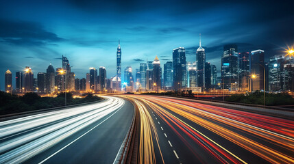 Fototapeta na wymiar A high-speed snapshot of car lights streaking through a bustling urban highway at night.