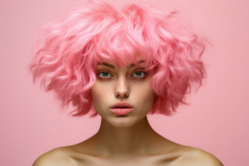 Young pink haired woman on a clean background