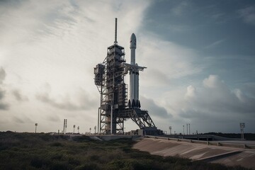 A rocket ready for liftoff on a launch pad. Generative AI