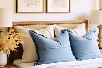 Elegance in Simplicity Blue Pillows Adorn a Modern Bedroom in French Country Style. created with Generative AI