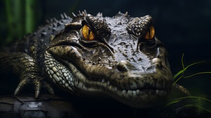 Fototapeta premium portrait of a crocodile with piercing eyes in a dark background