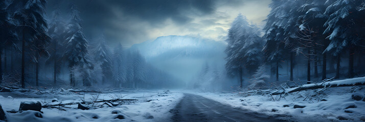 Winter Wonderland, Serene snowy road through a deserted forest
