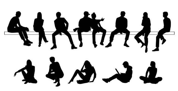 Vector silhouettes of men, women and teenagers sitting on a bench, different poses, a group of business people, black color on a white background