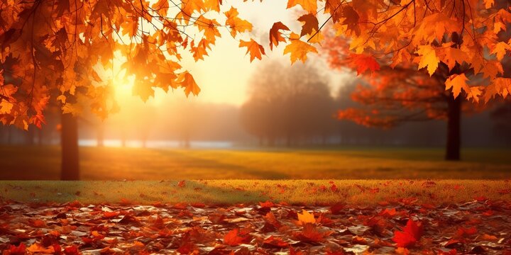 Beautiful autumn background landscape Leaves fly in wind in Golden autumn