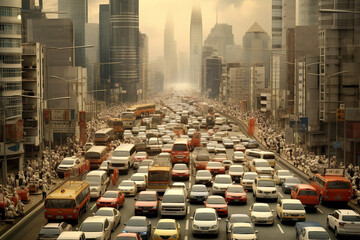 A chaotic gridlock of vehicles in a bustling city with tall buildings and busy streets.