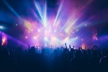 Rear view of  the crowd of people at a party at a concert stage at a music festival