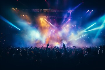 Rear view of  the crowd of people at a party at a concert stage at a music festival - obrazy, fototapety, plakaty