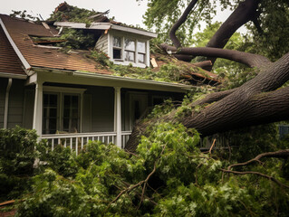 A tree crashes onto a house roof during a storm causing potential damage and insurance claims. - obrazy, fototapety, plakaty
