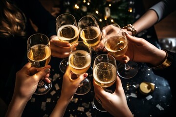 A group of people enjoying a night out drinking wine at a party.