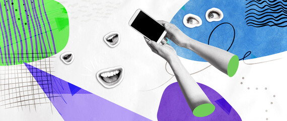 Person using a smartphone with eyes and mouth - Photo collage design