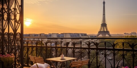 illustration of the view of the Eiffel Tower from the balcony where there is a table and sofa - obrazy, fototapety, plakaty
