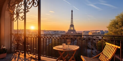 illustration of the view of the Eiffel Tower from the balcony where there is a table and sofa - obrazy, fototapety, plakaty