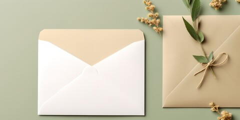 white paper for greetings and brown envelopes with a green background, wedding greetings, congratulations, etc