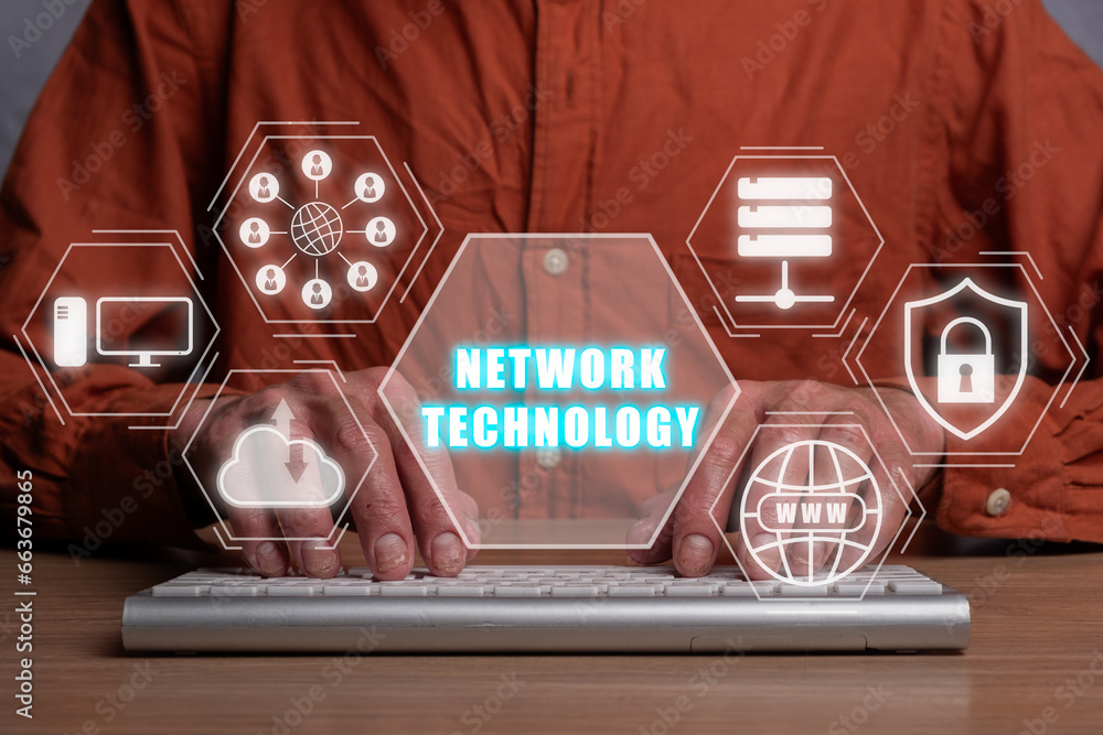 Poster network technology concept, businessman typing on keyboard with network technology icon on virtual s