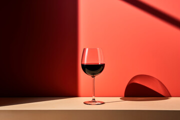 Red wine in glass on a table against red wall with shadow
