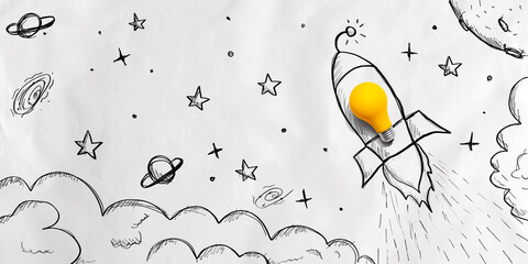 Idea light bulb rocket flying to the sky - Flat lay - obrazy, fototapety, plakaty
