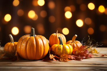 Harvest Delights, Thanksgiving Pumpkin and Autumn Leaves on Rustic Wooden Table - obrazy, fototapety, plakaty