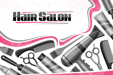 Naklejka premium Vector template for Hair Salon with blank copy space for text, decorative ad coupon with illustration of variety hair stylist equipment, metal beauty tools for female hair salon on white background