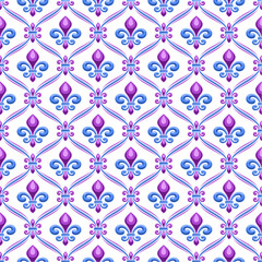 Vector Fleur de Lis Seamless Pattern, repeating background with illustrations of art diamond pattern and fleur de lis in grid cells, square poster with vivid blue flourish ornament on white background