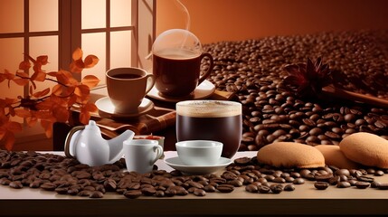 cup of coffee with beans, 
Coffee American Drink Tea Set Background
