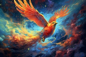 A vibrant bird perched amidst a celestial expanse of clouds and stars, accompanied by dazzling star clusters. Generative AI