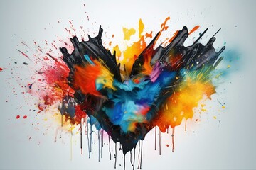 Vibrant ink blot merging colorful acrylic hues flows on a background that symbolizes a shattered heart. Generative AI