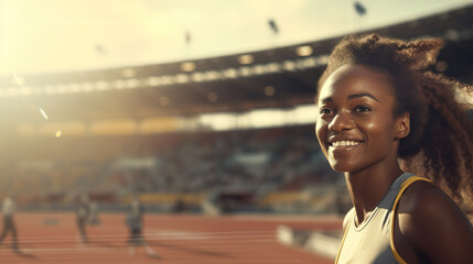 Sports banner with copy space, women's athletics competition. Happy motivated afro american woman runner at outdoor stadium