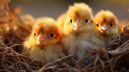 A newborn chicken is knocked out of an egg, brood of small chicks. Close up.