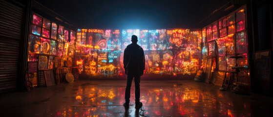 Man looking at the colorful graffiti on the wall in the dark room