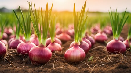 Onions grow in the field. Bulbs are visible from the ground - obrazy, fototapety, plakaty