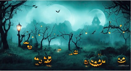 Jack O' Lanterns Illuminate a Moonlit Graveyard on a Spooky Halloween Night, Casting a Captivating and Chilling Atmosphere.