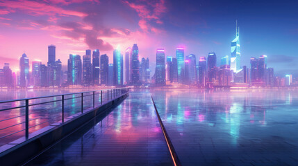 A neon-drenched cyberpunk waterfront at dawn