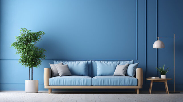 View of blue living room in minimal style with sofa
