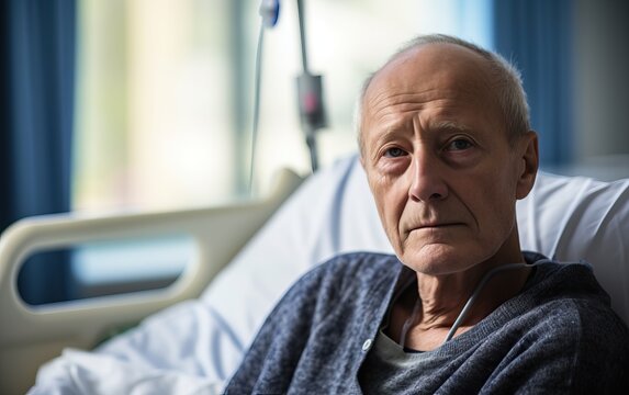 Thoughtful senior male patient in hospital bed in ward room
