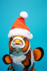 Cartoon red sea clownfish with Santa hat on a blue background. Close up, copy space.