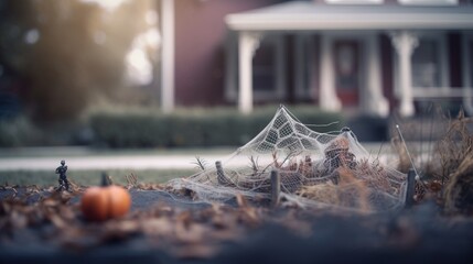 Close up of halloween decorations stand next to the house in autumn