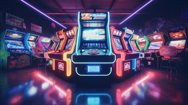 Neon-lit retro arcade games in a cyber lounge