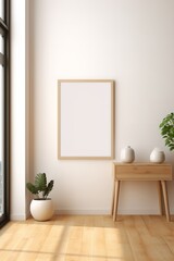 Picture frame hanging on a wall in a room with a wooden table. Modern and minimalist home decor with natural elements.