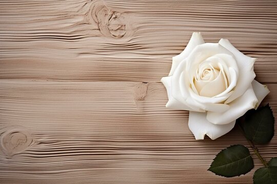 Wooden background with white rose. Generative AI