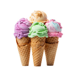 Delicious set of Cone Ice Creams with a variety of flavor. Food and Desserts Photography. Ai generative.