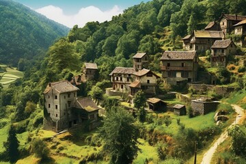 Fototapeta na wymiar A picturesque hamlet nestled on a hillside adorned by cozy dwellings and lush foliage. Generative AI