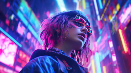 Obraz premium Vibrant cyberpunk street art amidst neon signs