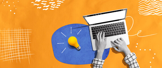 Person using a laptop computer and light bulbs - Collage