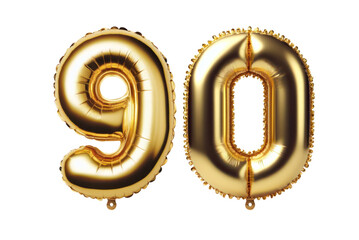 90 number ninety font golden balloon isolated on white transparent background, PNG - obrazy, fototapety, plakaty